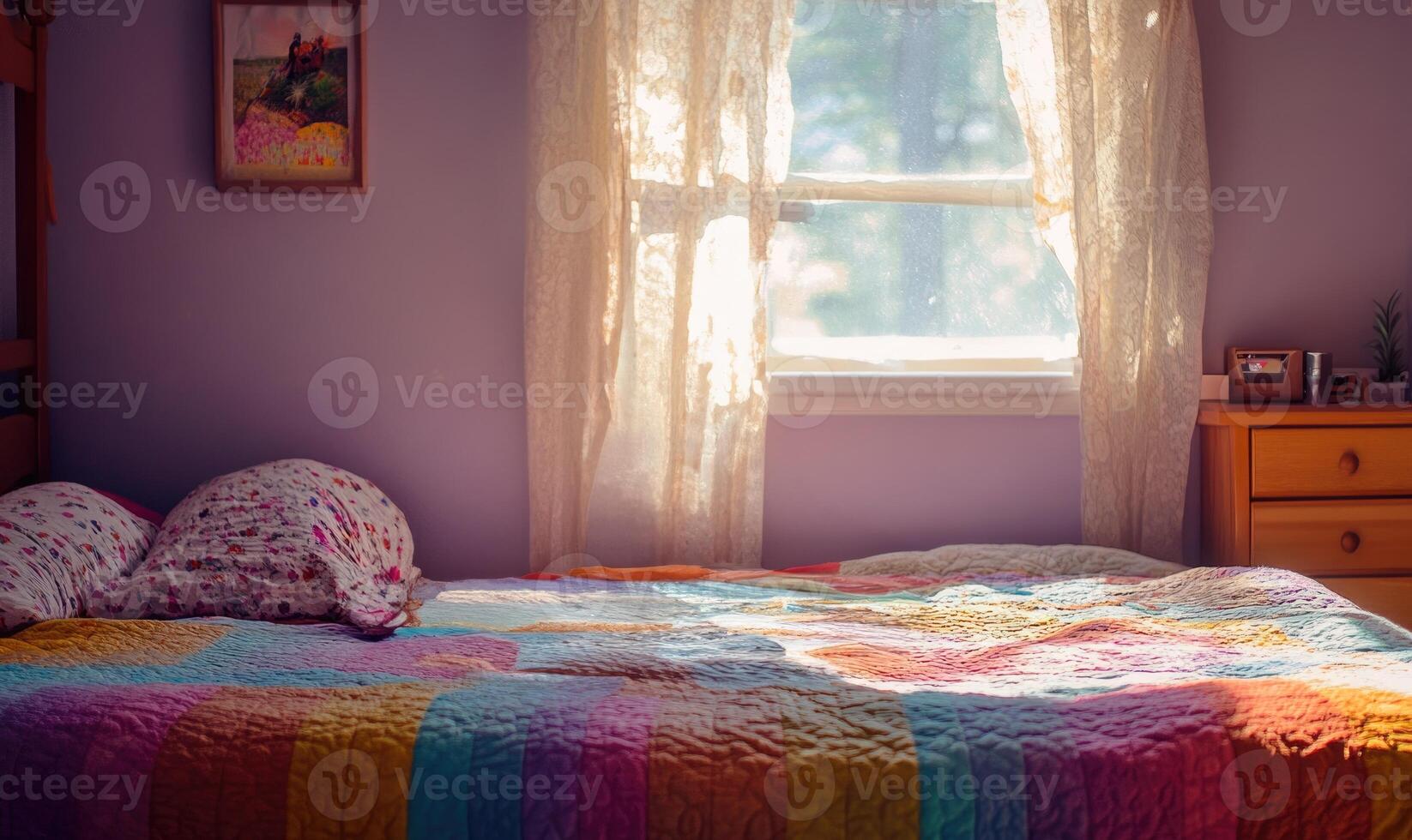 Bright bedroom with light through the window and colored blanked photo