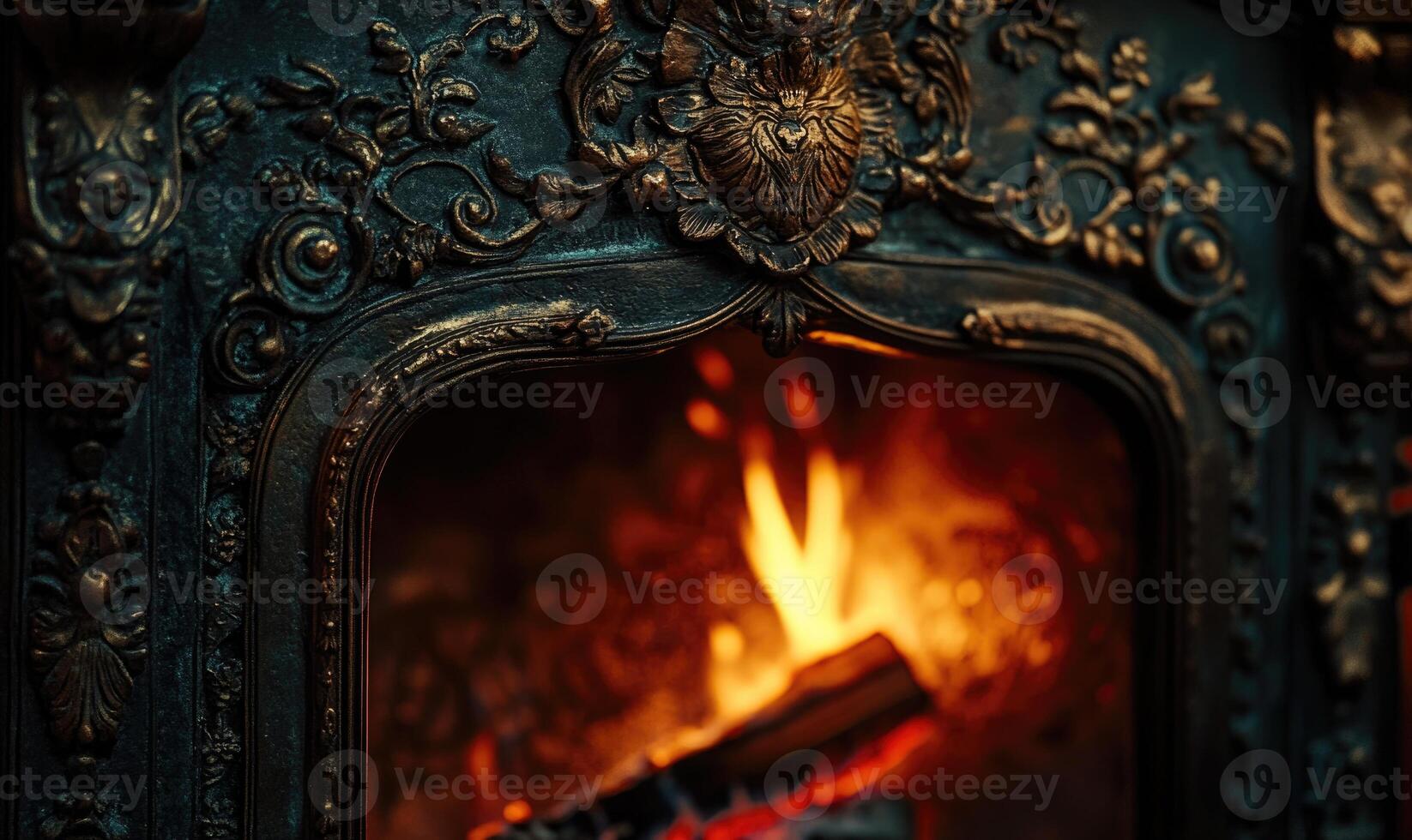 Close-up of fire in a vintage fireplace, intricate metalwork photo