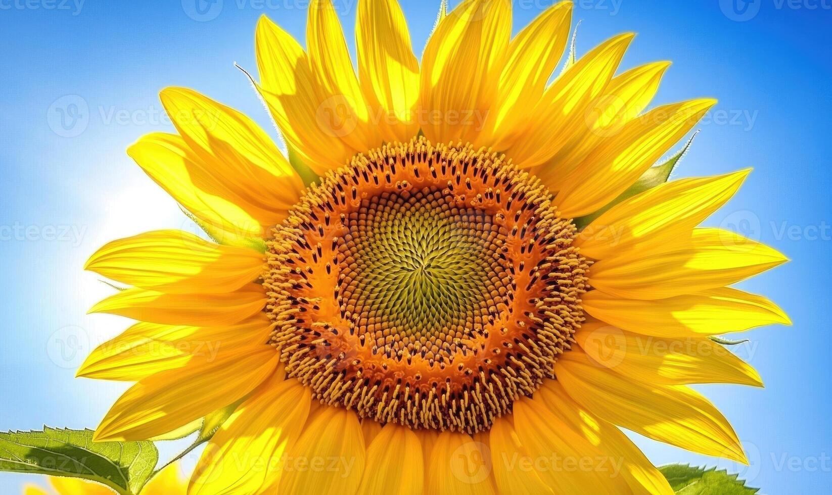 Close-up of sunflower center, intricate patterns, vibrant yellow petals photo