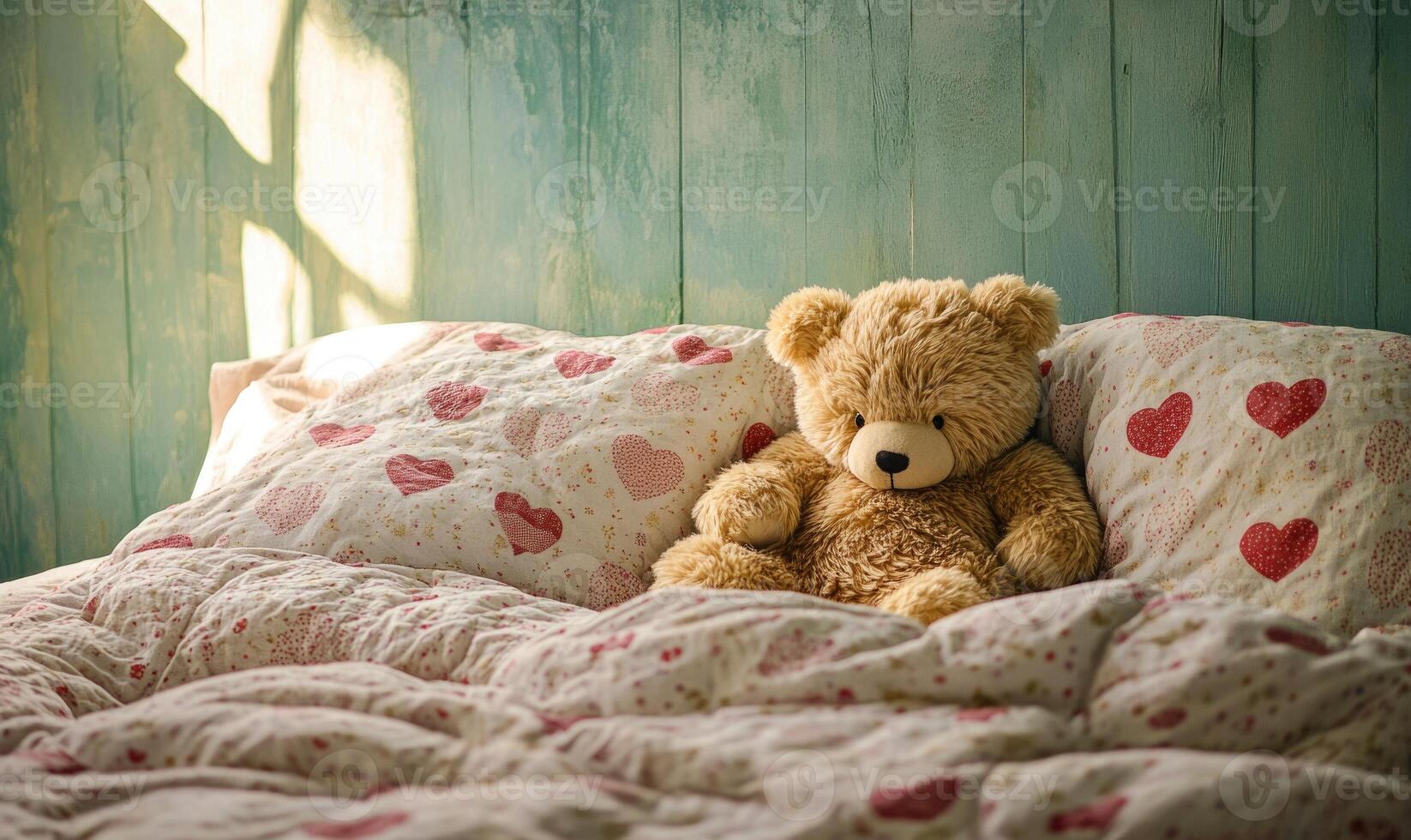 Fluffy bear nestled in cozy bedding, heart-patterned quilt photo