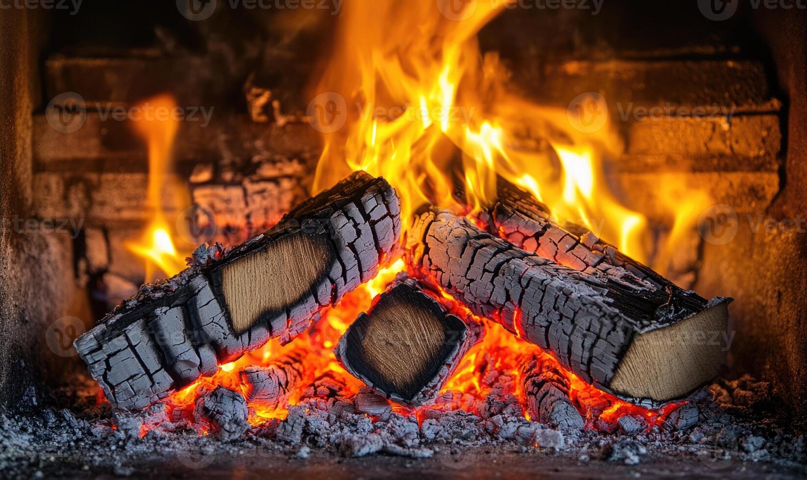 Fire crackling in a rustic stone hearth, glowing embers photo
