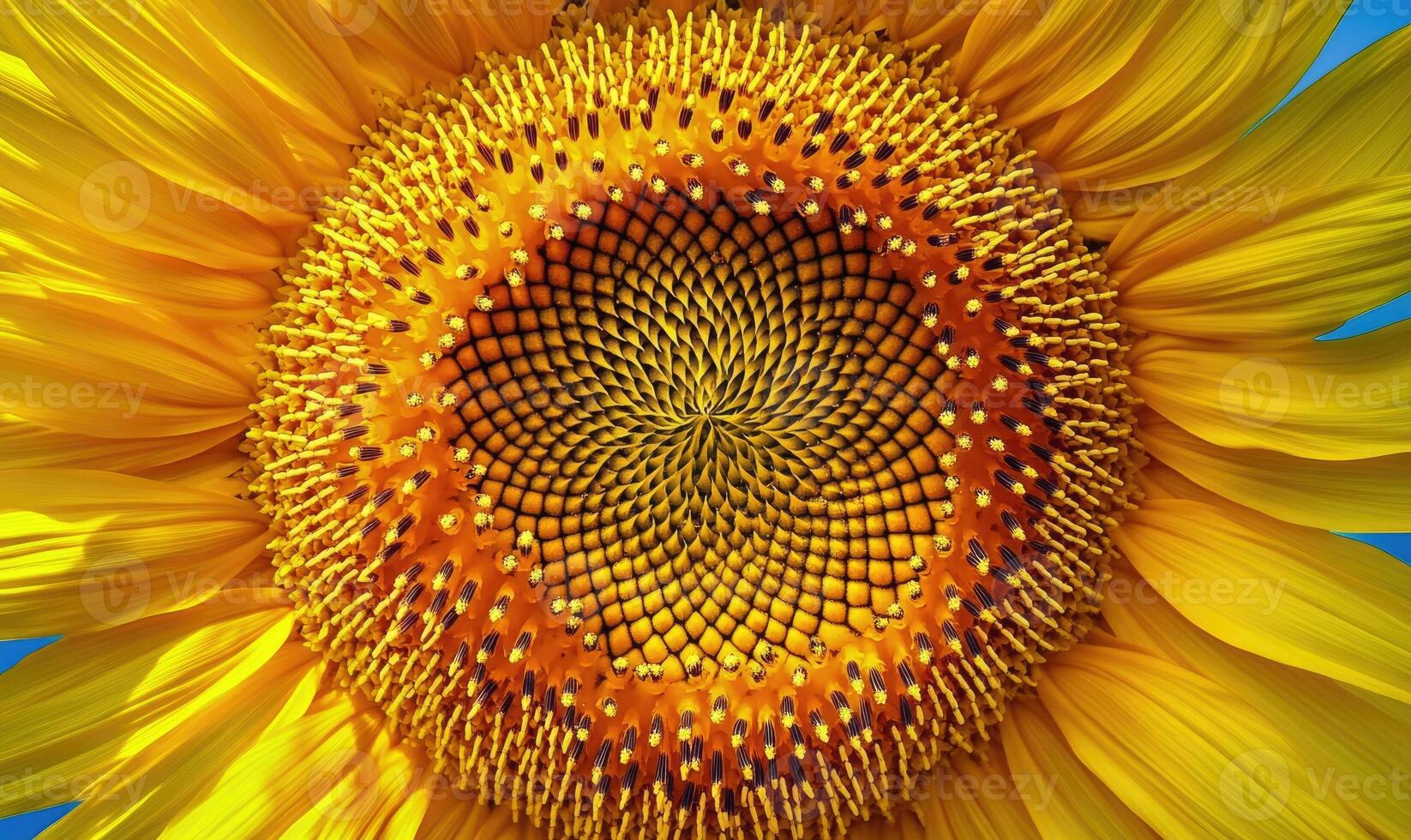 Close-up of sunflower center, intricate patterns, vibrant yellow petals photo