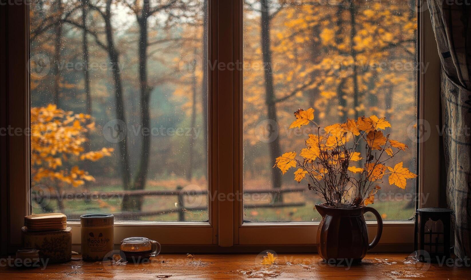 Cozy corner, large window, view of a rainy autumn forest, golden leaves photo