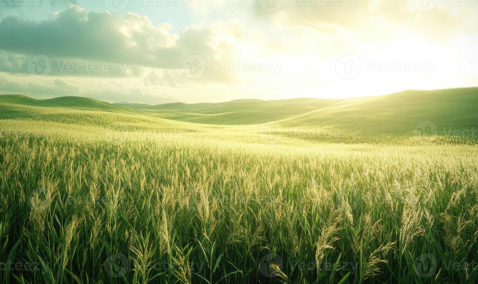 Closeup view on the green corns on the cornfield under the sunset light photo
