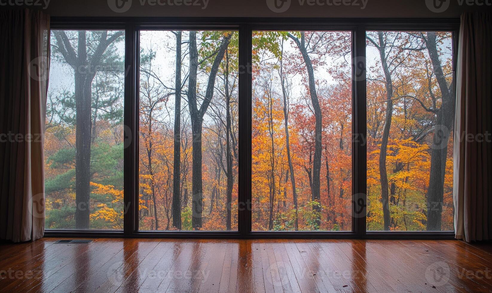 Cozy living room, wide window, view of rainy autumn landscape photo