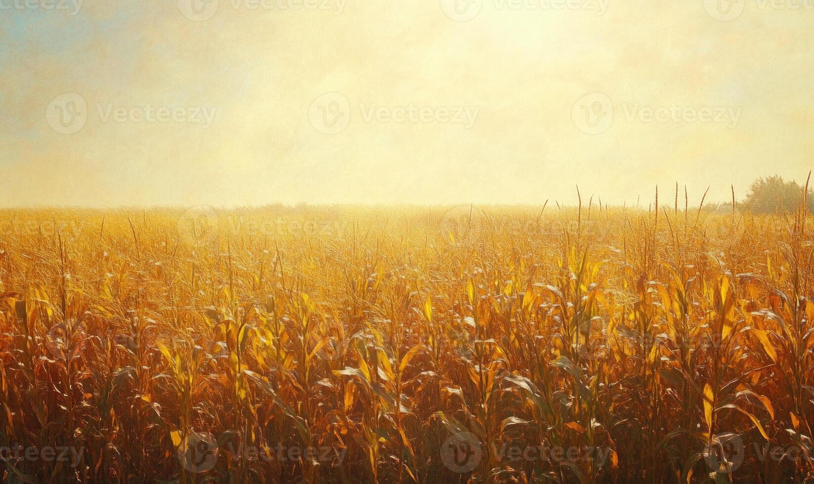 Closeup view on the dry corns on the corn field under the sunset light photo