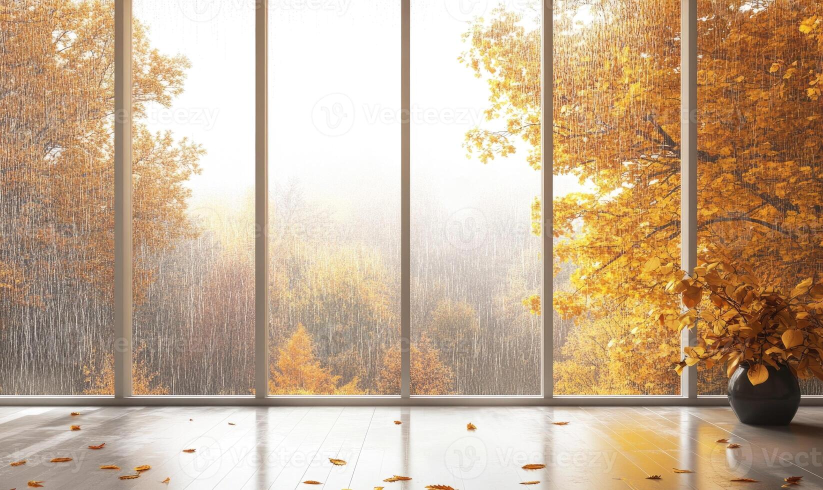 View from the large window on misty autumn landscape photo