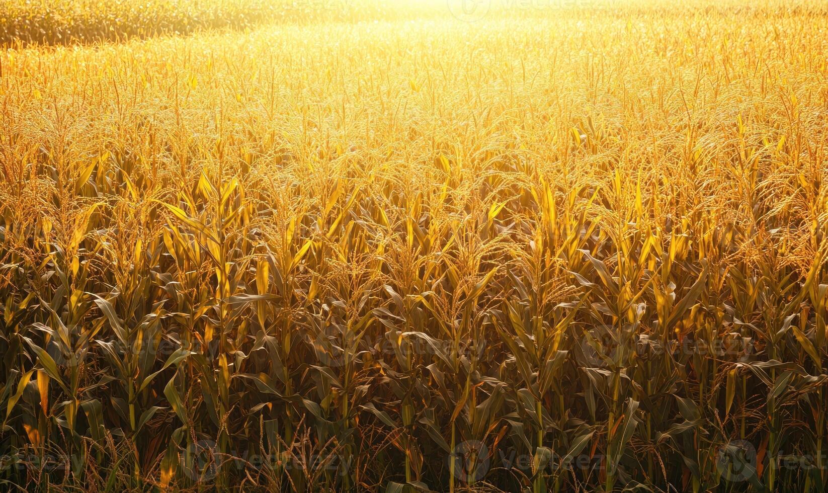 Cornfield at dusk, soft light, golden hues photo