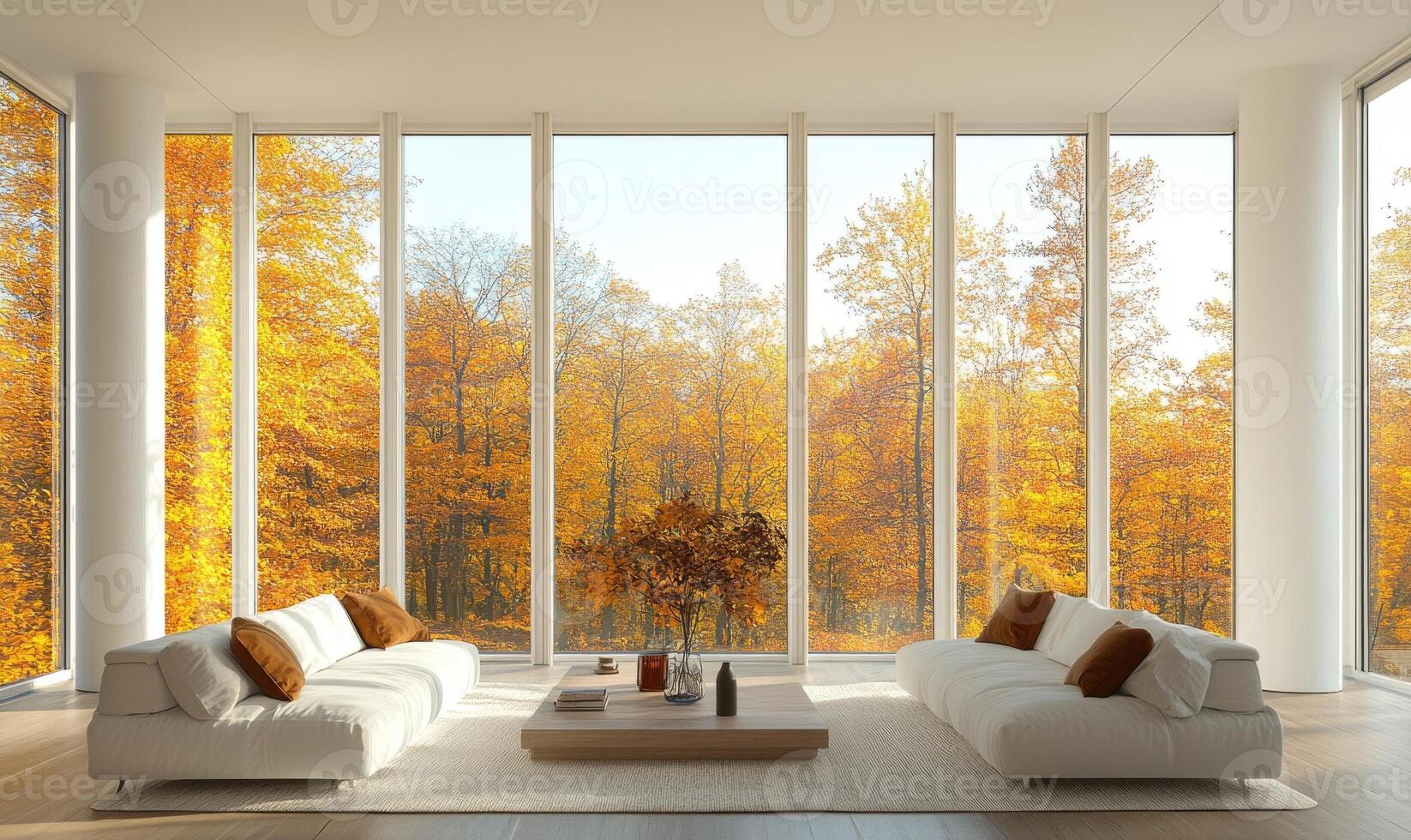 Bright living room with light wood bed, panoramic windows and golden autumn forest outside photo