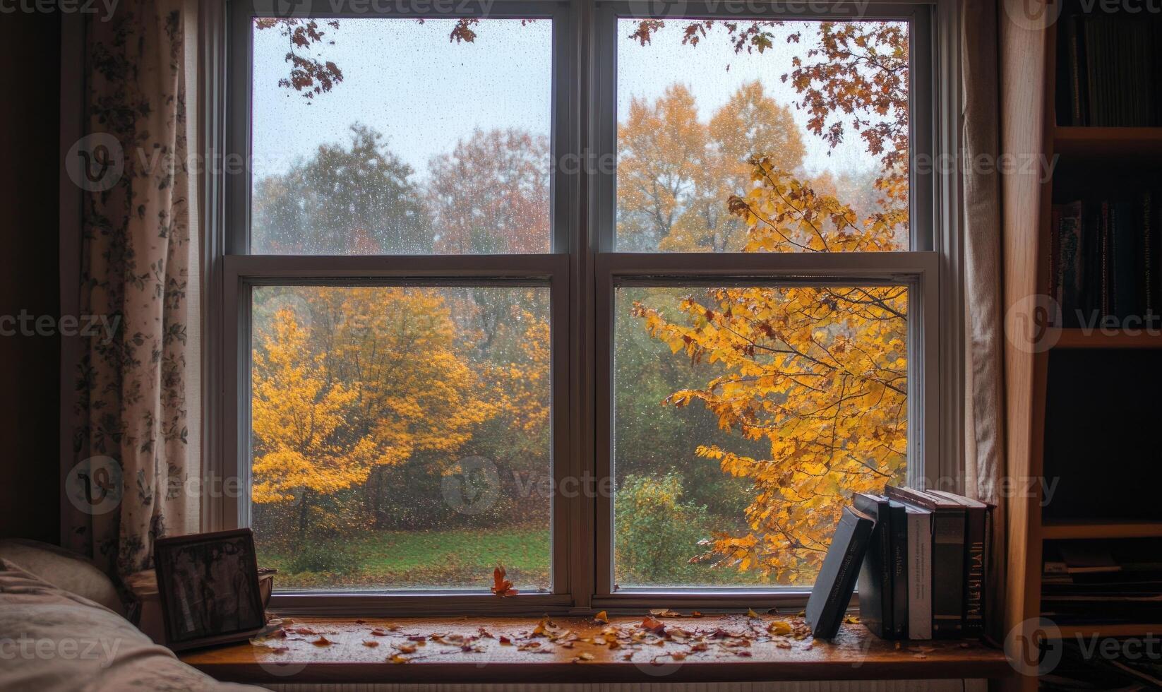 Cozy corner, large window, view of a rainy autumn forest, golden leaves photo