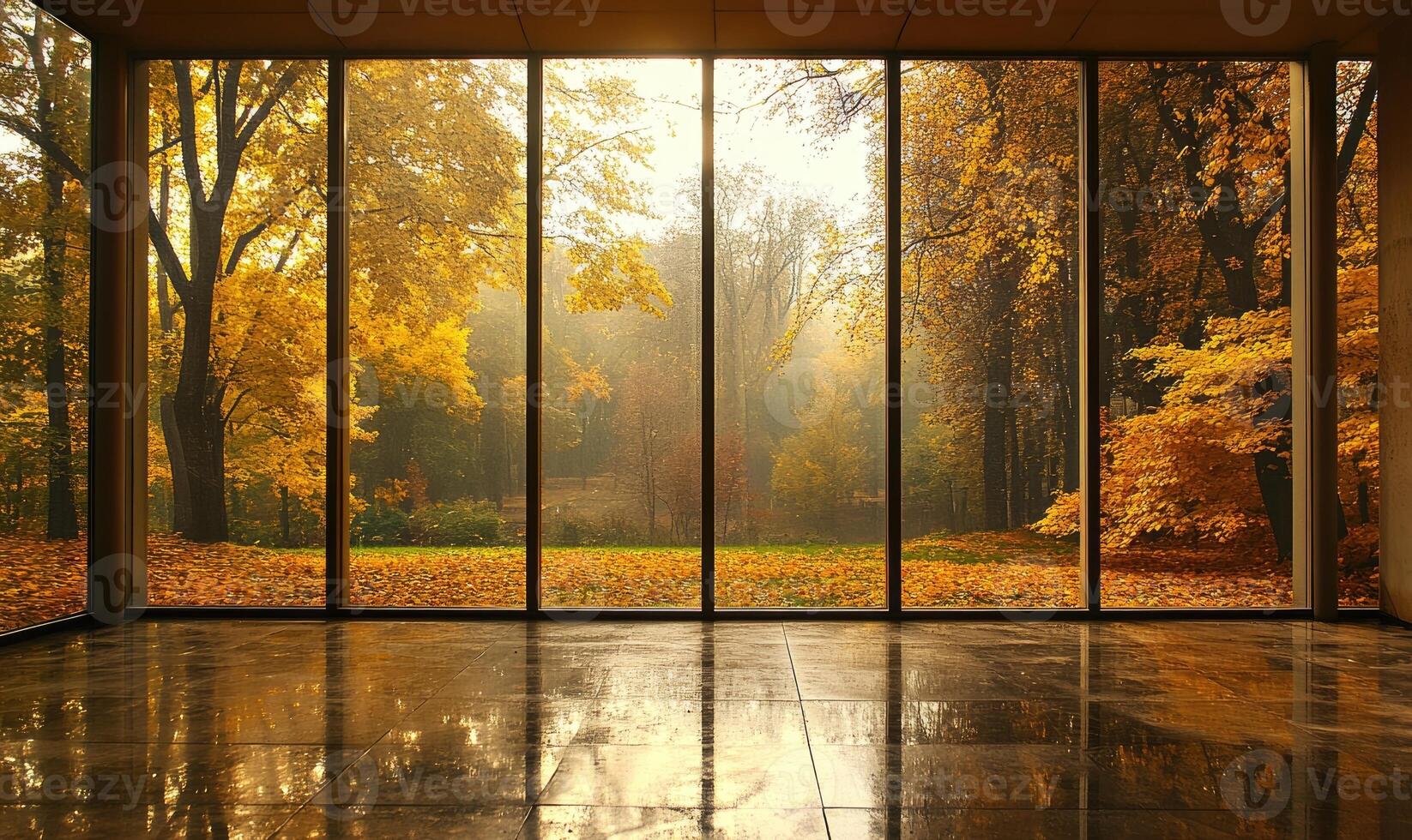 View from the large window on misty autumn landscape photo