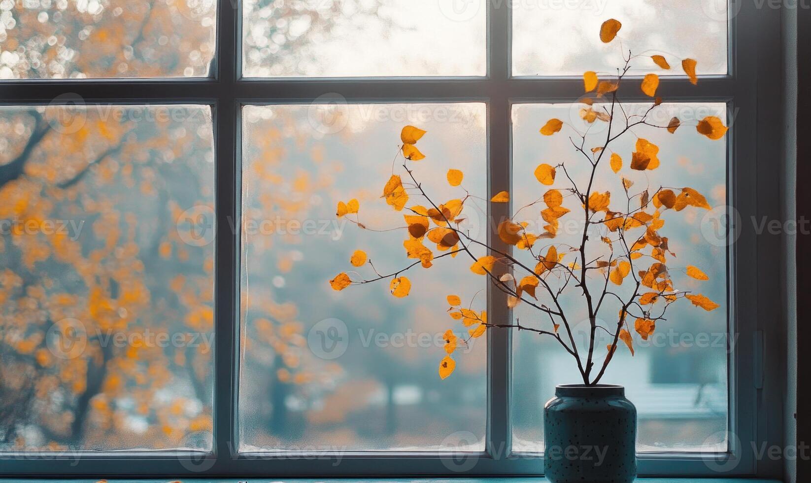 View from the large window on misty autumn landscape photo
