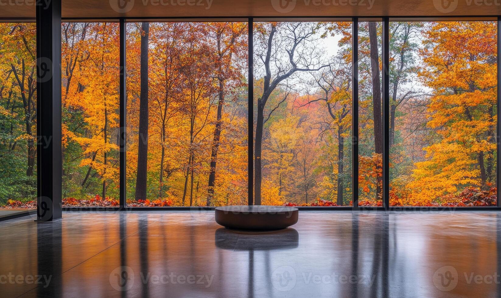 Bright space, floor-to-ceiling window, view of misty autumn woods outside, colorful foliage photo