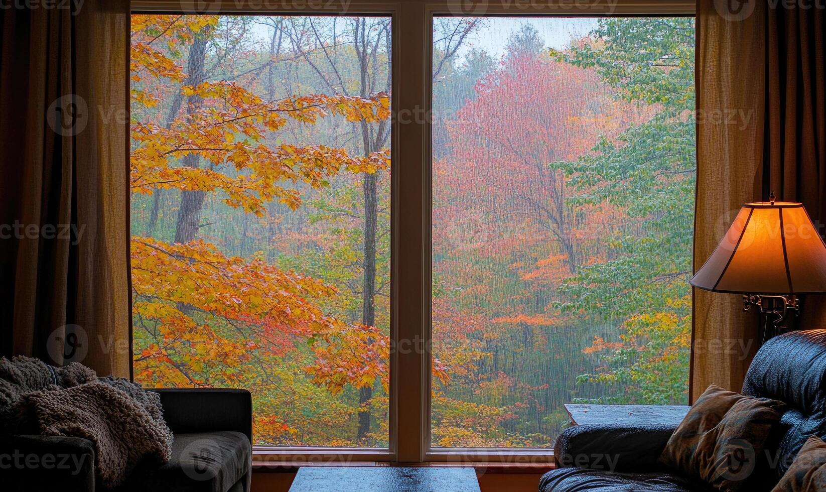 Cozy space, large glass window, autumn forest, raindrops on leaves photo