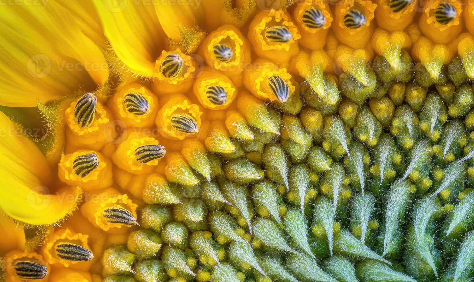 Close-up of sunflower center, intricate patterns, vibrant yellow petals photo