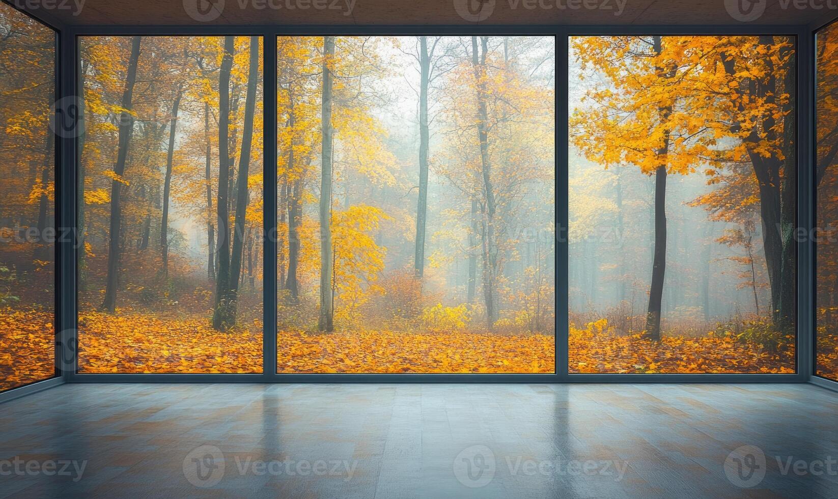 View from the large window on misty autumn landscape photo