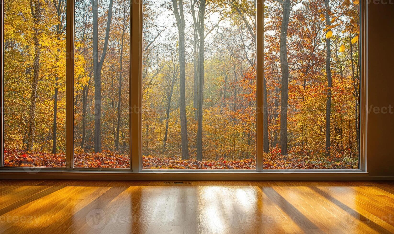 View from the large window on misty autumn landscape photo