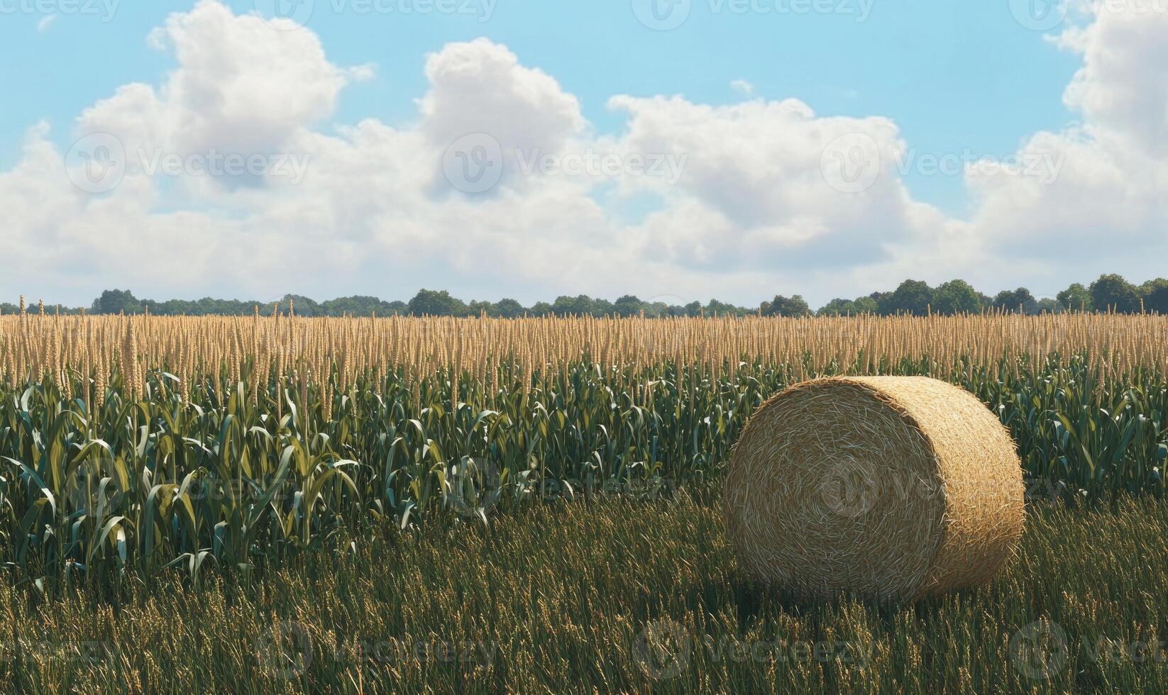 Cornfield with hay bales, tall stalks, clear sky, agricultural scene photo