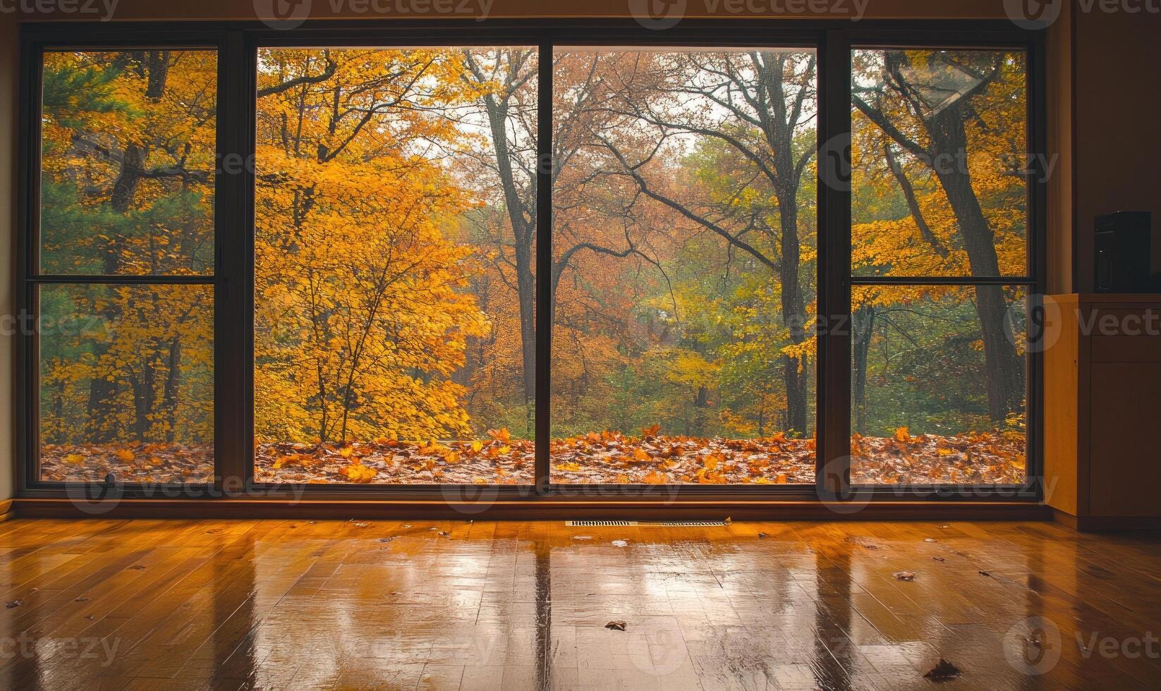 View from the large window on misty autumn landscape photo