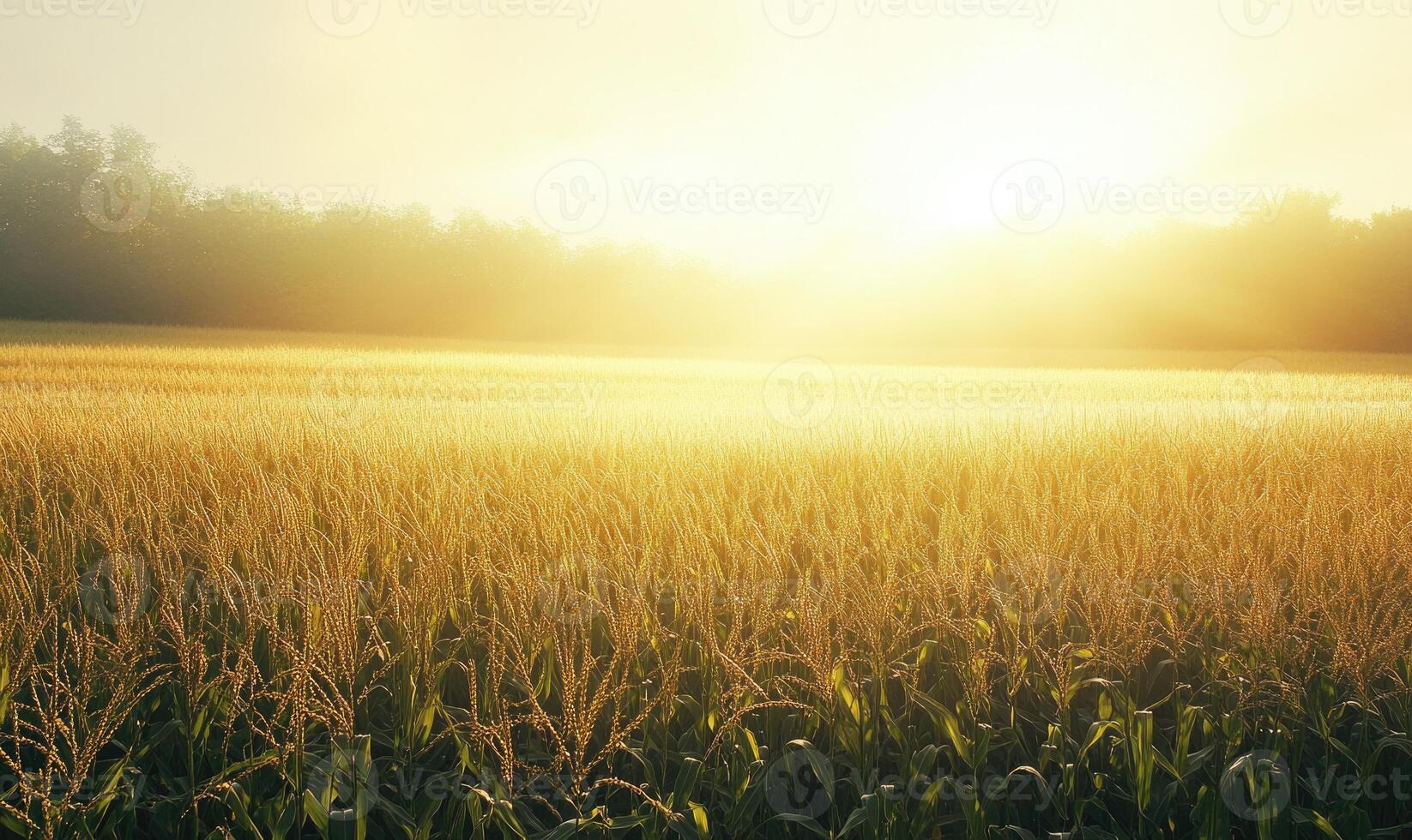 Closeup view on the green corns on the cornfield under the sunset light photo