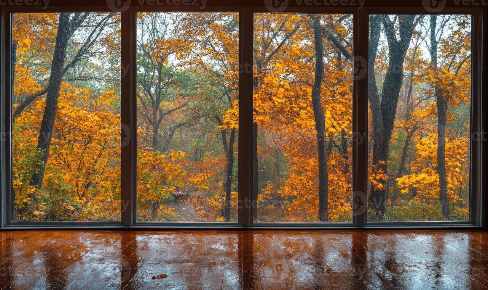 View from the large window on misty autumn landscape photo