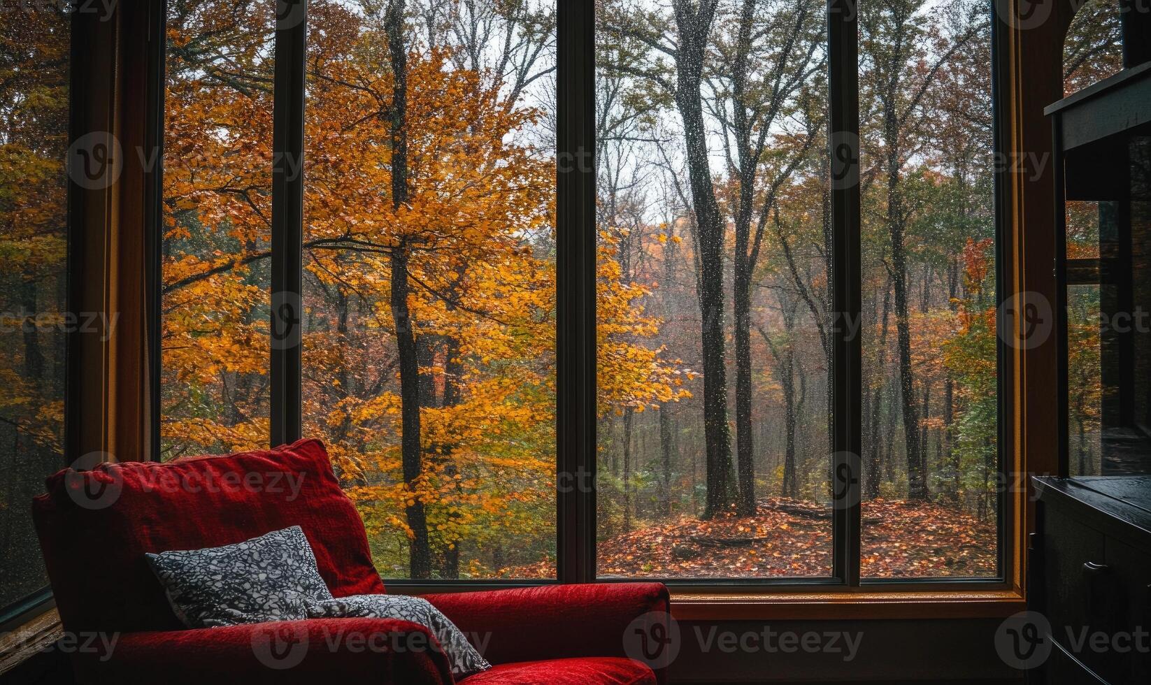 Cozy living room, wide window, view of rainy autumn landscape photo