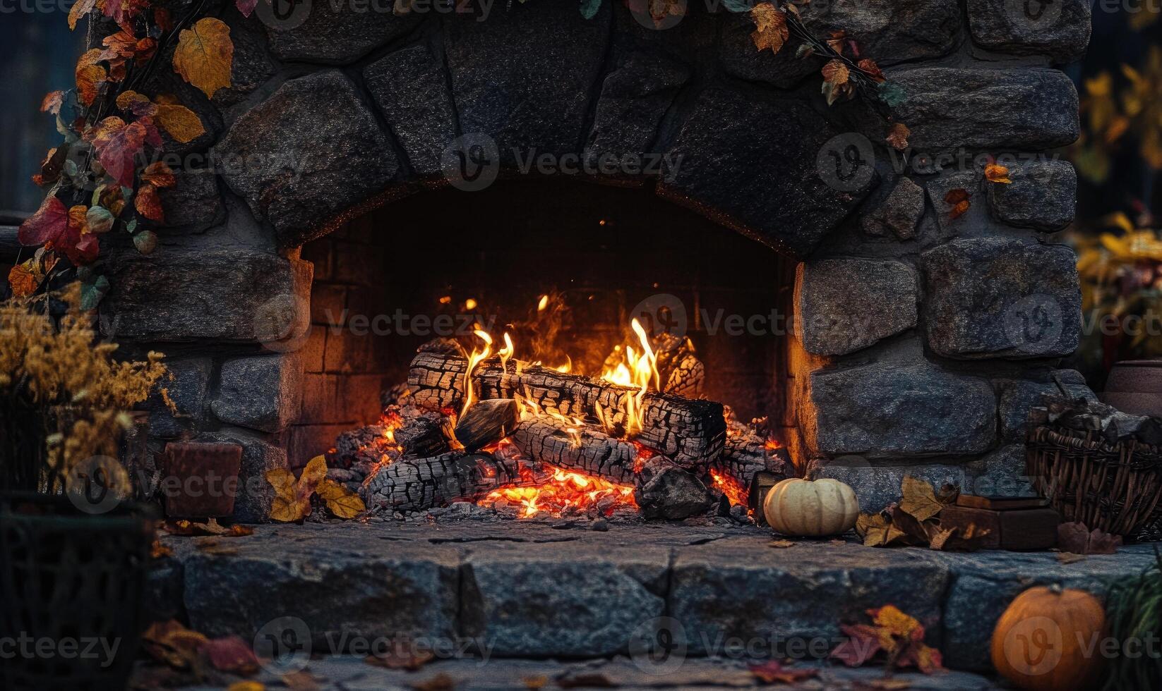 Flames flickering in a stone hearth photo