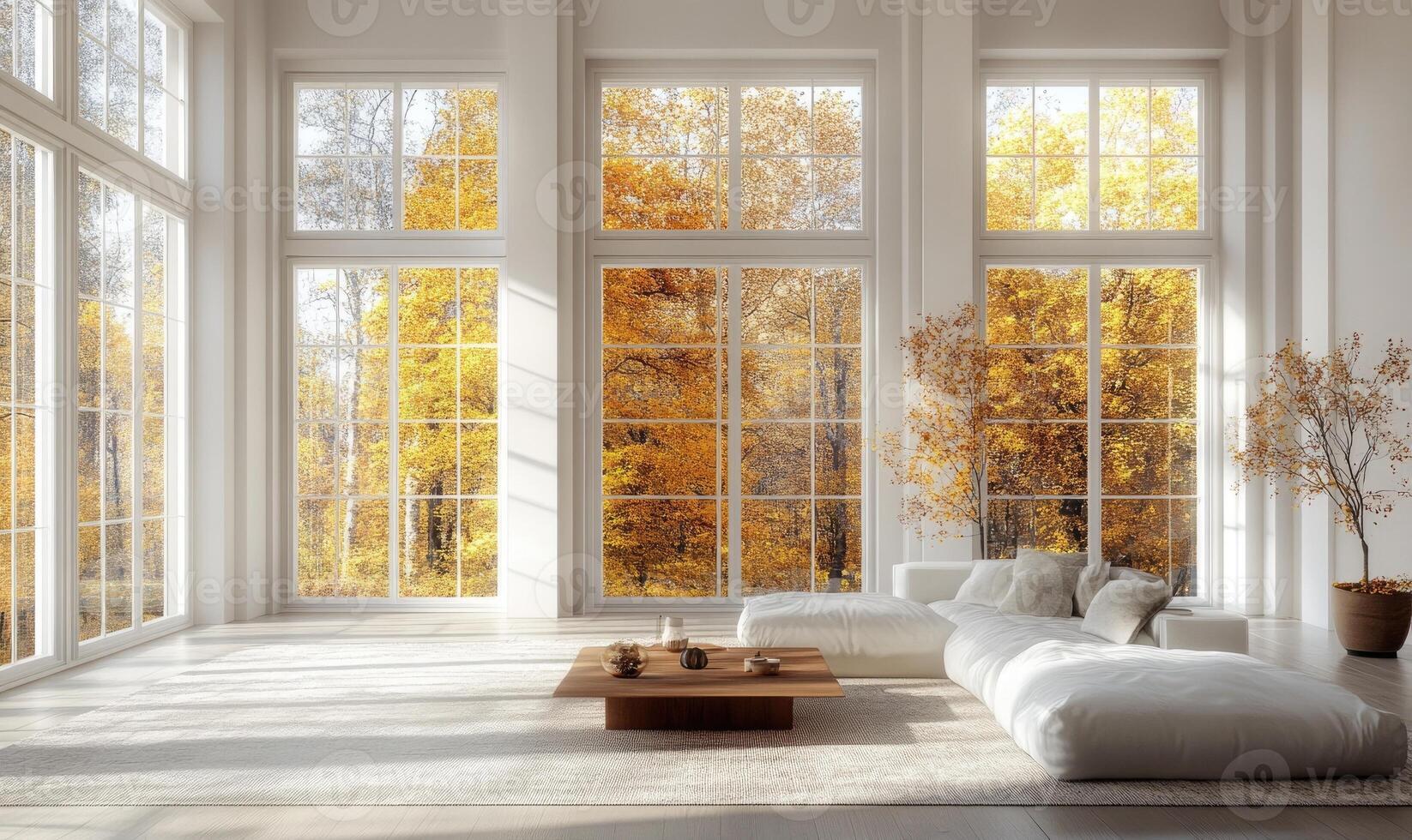 Bright living room with light wood bed, panoramic windows and golden autumn forest outside photo