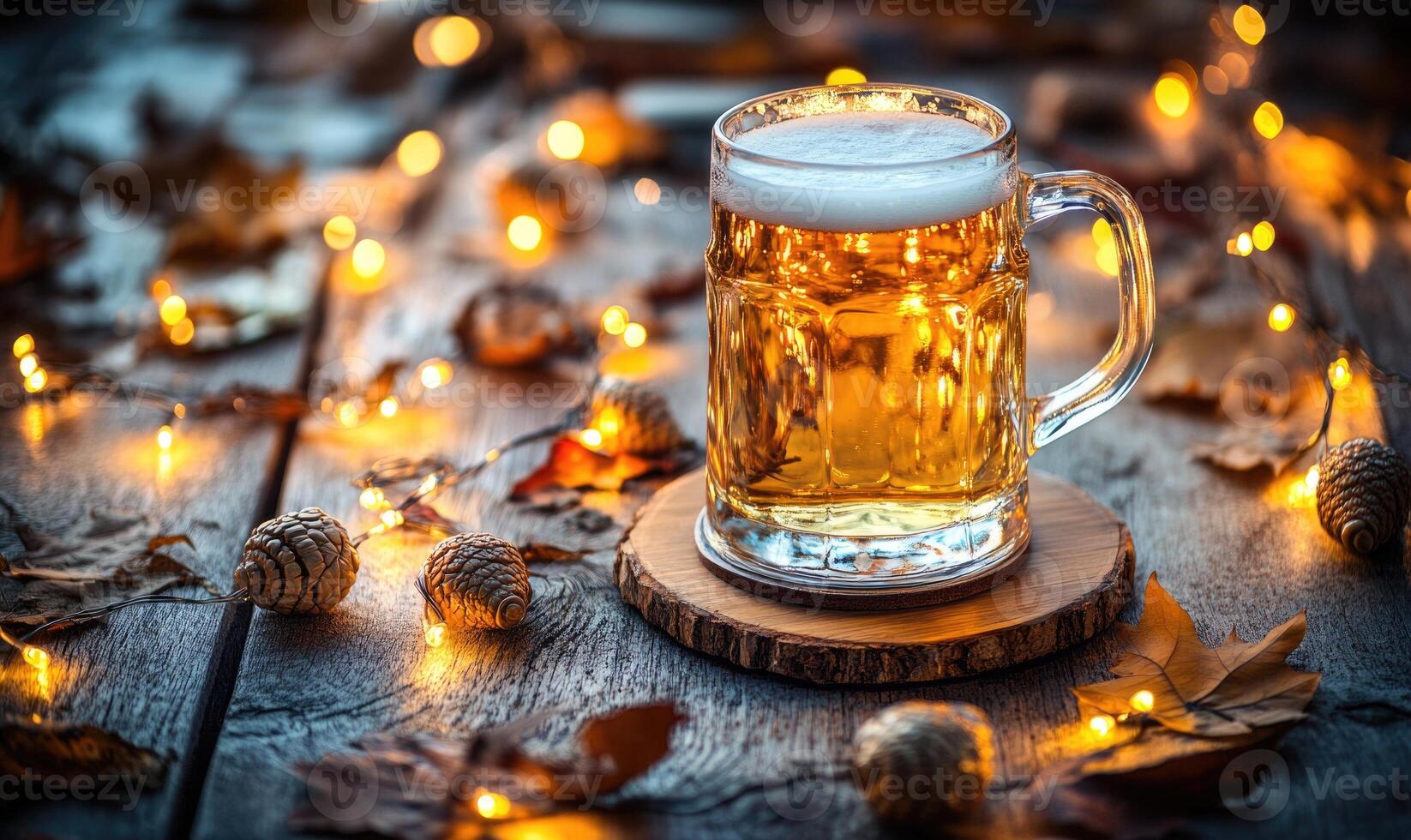 Glass of light beer on wooden coaster, glass acorn string lights photo