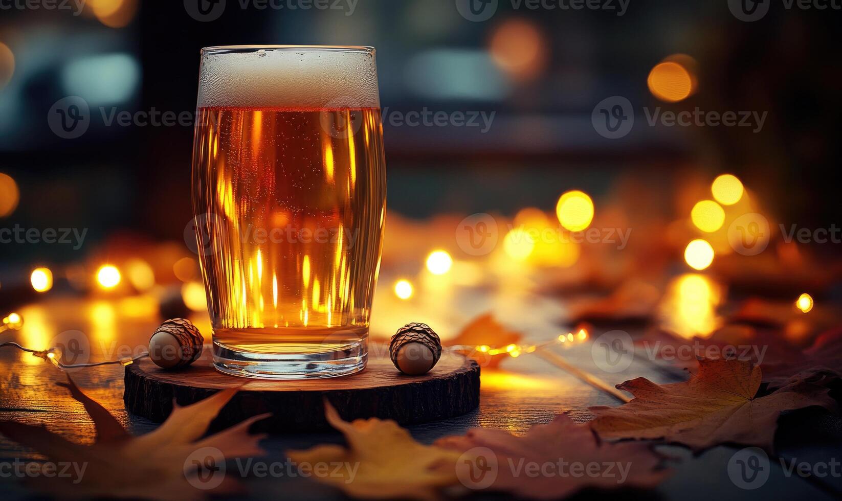 Glass of light beer on wooden coaster, glass acorn string lights photo