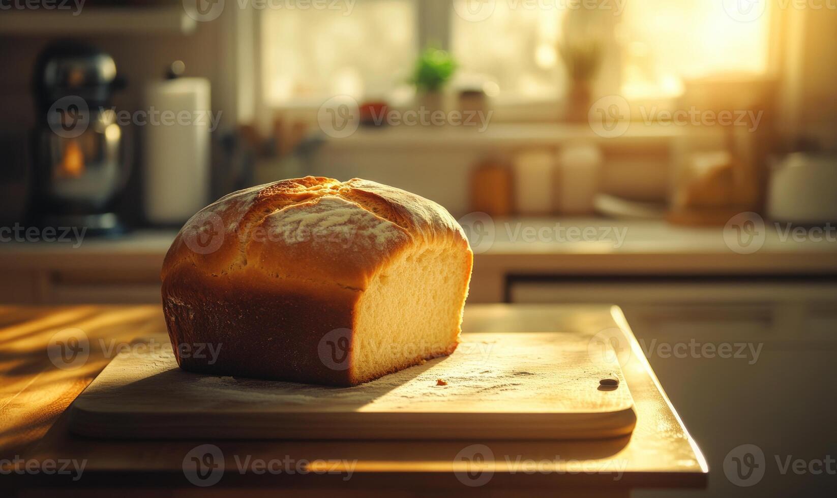Golden loaf of bread on a wooden table photo