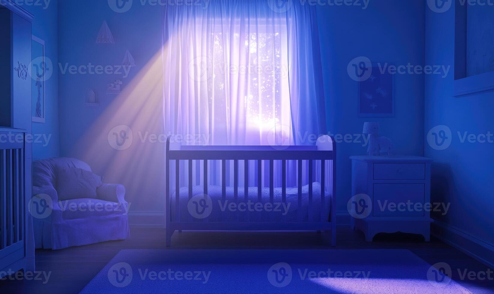 Light blue crib with soft gray bedding, glowing pink and purple lights photo