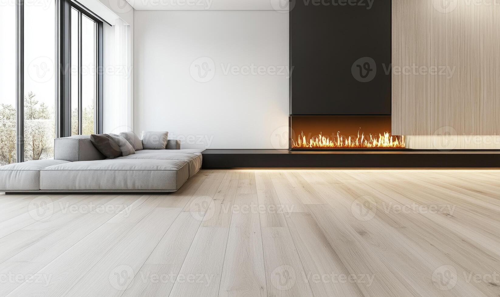 Modern minimalist room, gas fireplace, neutral tones, light wood floors photo