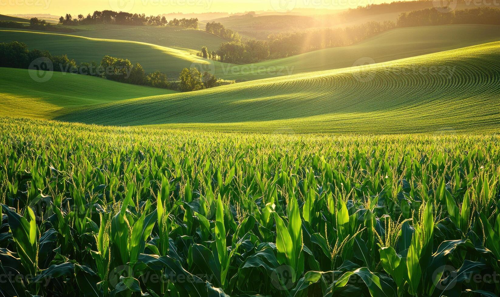 View on cornfield, green leaves, endless rows photo