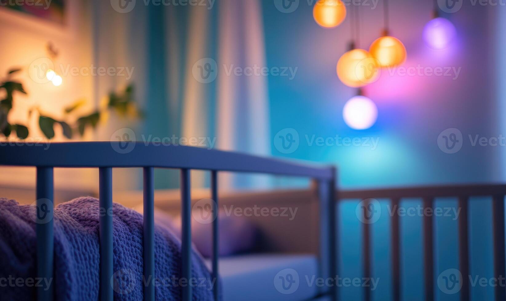 Light gray crib with soft lavender bedding photo