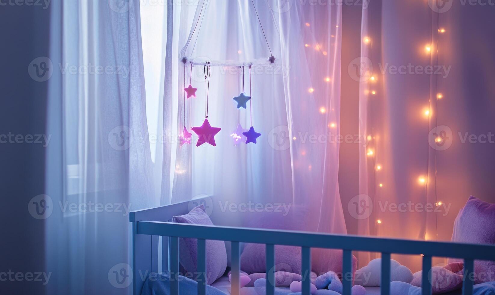 Light blue crib with soft gray bedding, glowing pink and purple lights photo