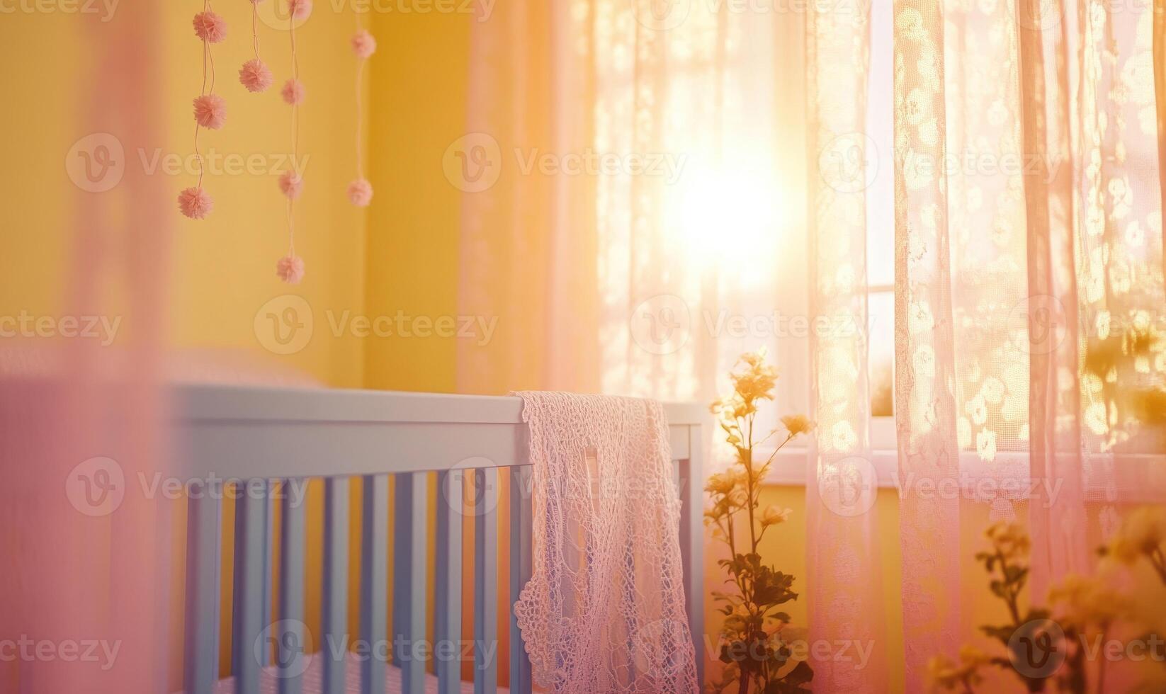 Light blue crib under soft pink lights, pastel yellow walls, photo