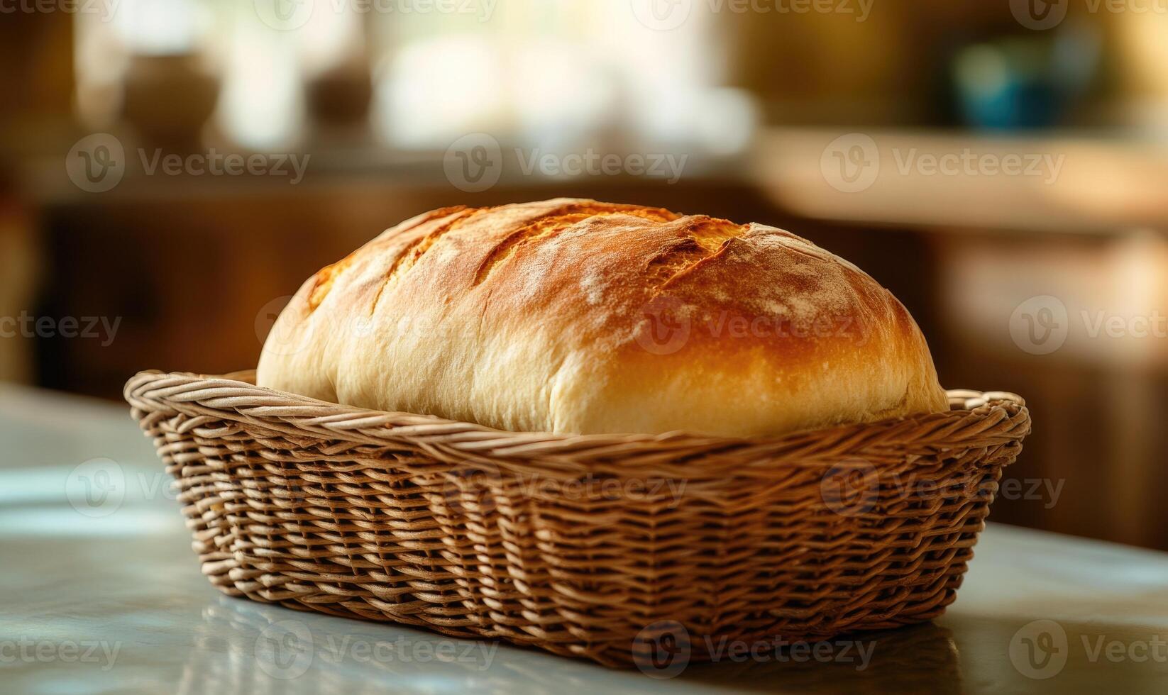 Loaf of bread in a wicker basket, farmhouse kitchen photo