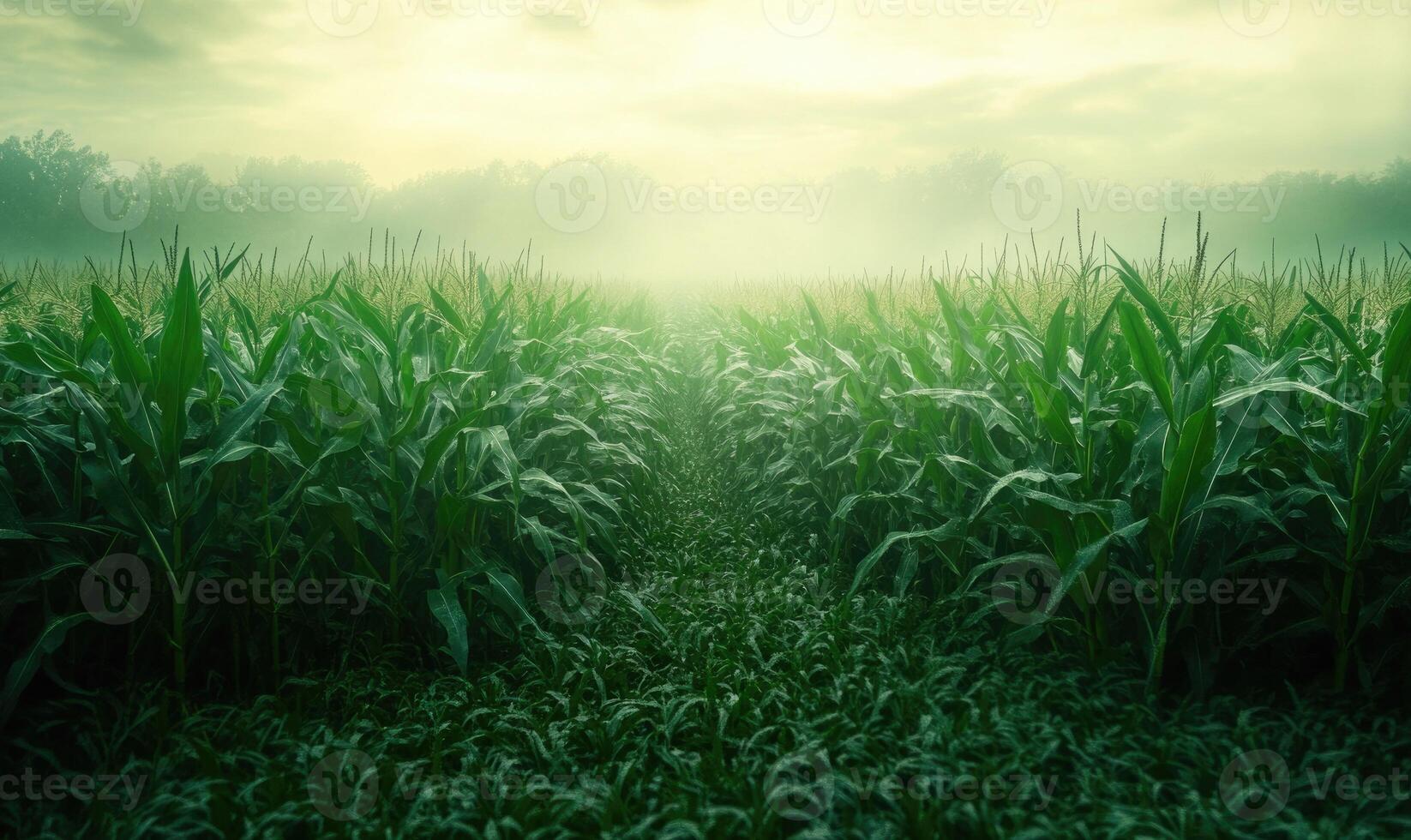 View on cornfield, green leaves, endless rows photo
