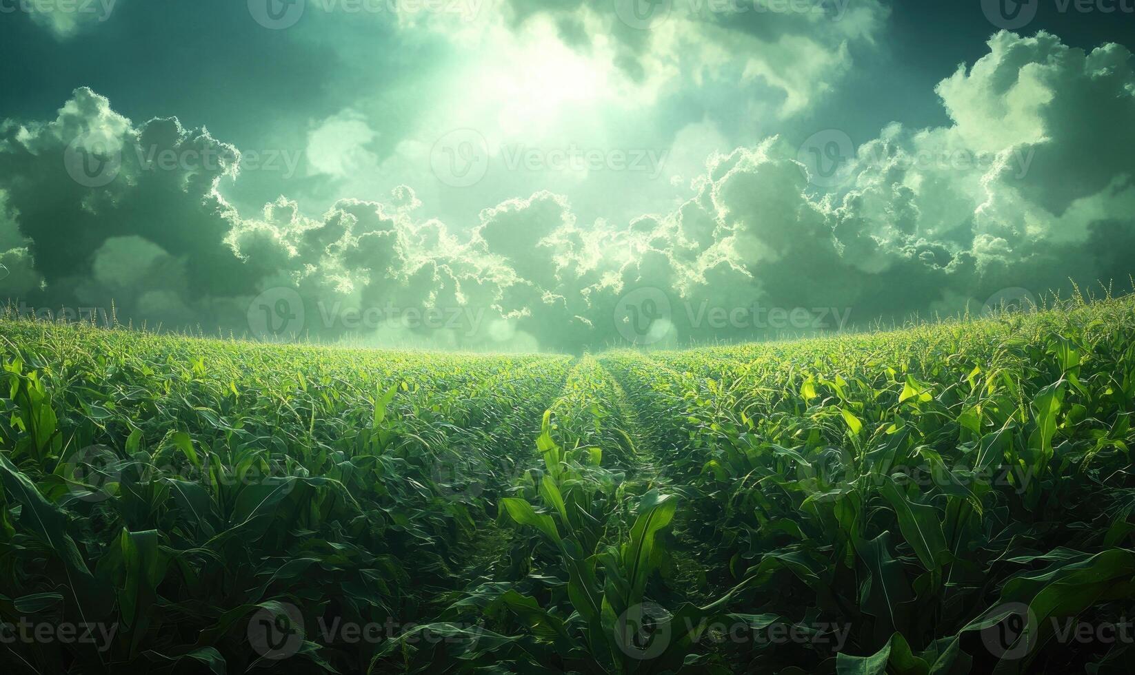 View on cornfield, green leaves, endless rows photo