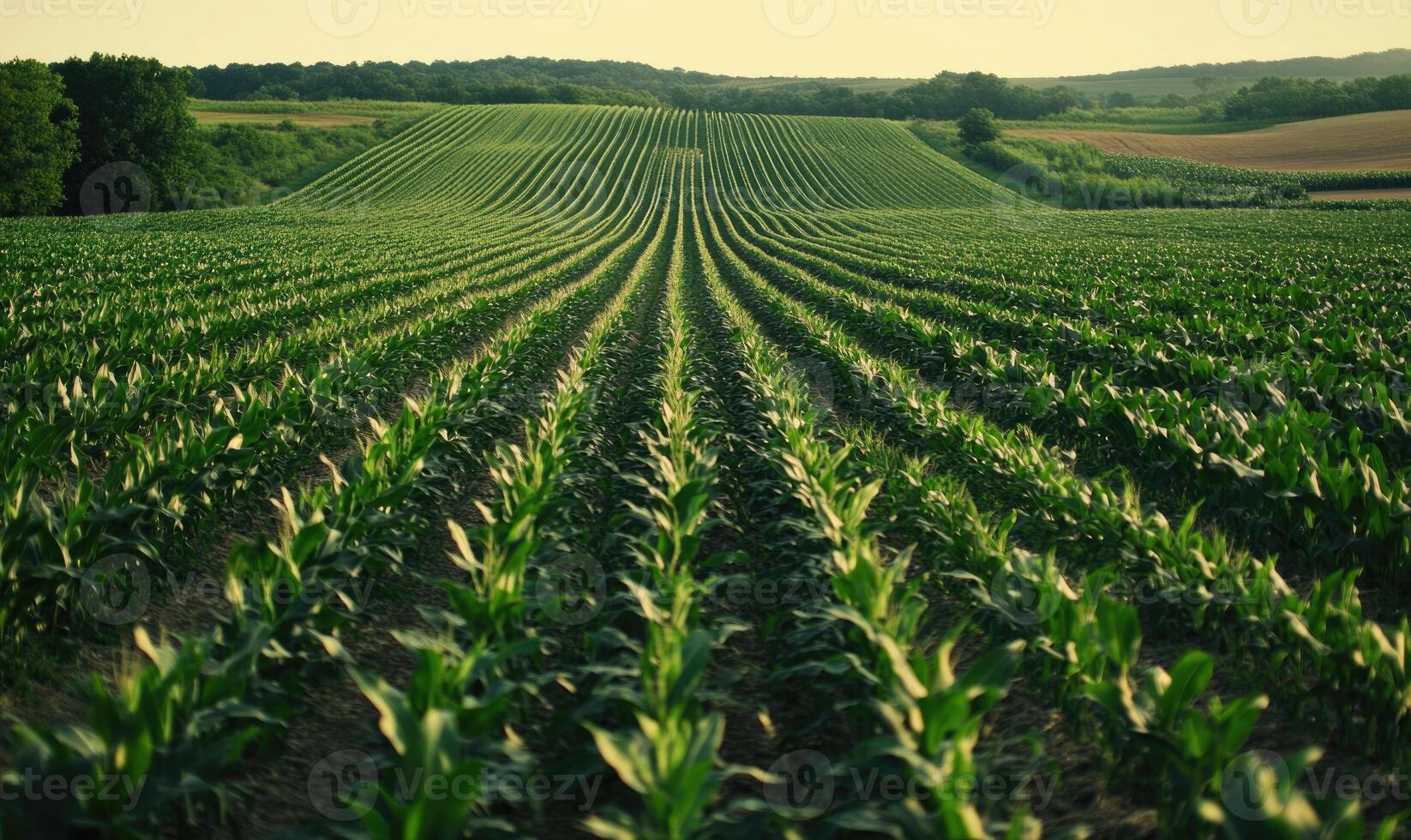 View on cornfield, green leaves, endless rows photo
