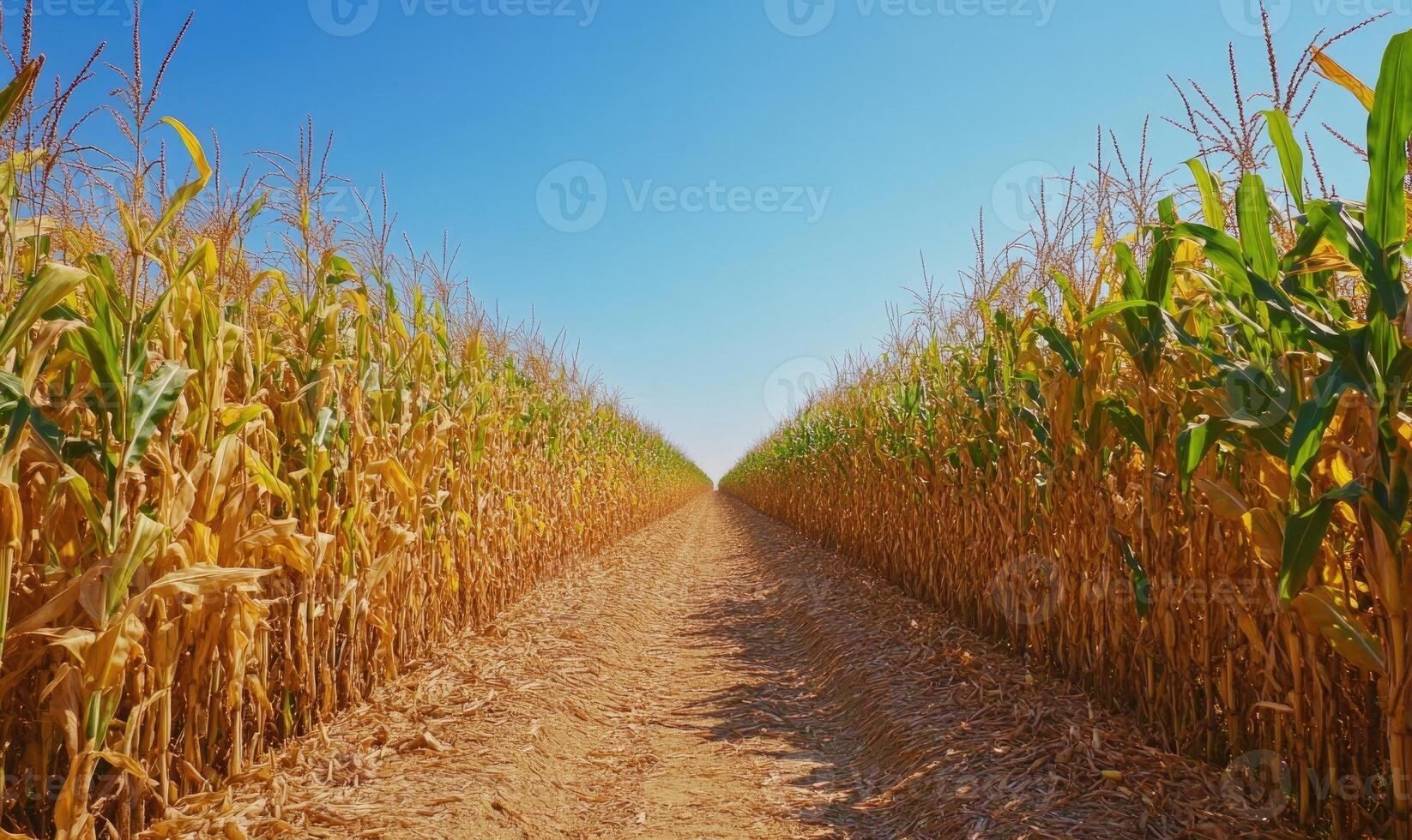 Path through cornfield, tall stalks on both sides photo