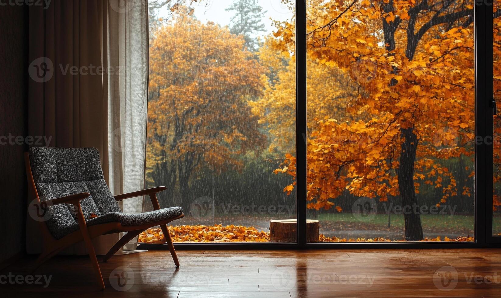Minimalist room, wide window, overlooking rainy autumn day photo
