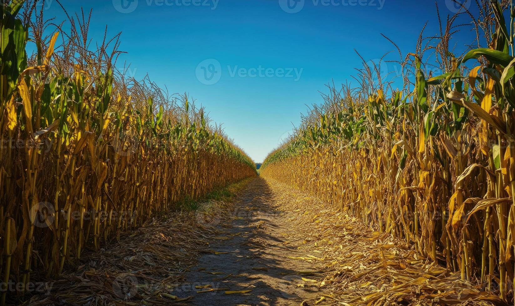Path through cornfield, tall stalks on both sides photo