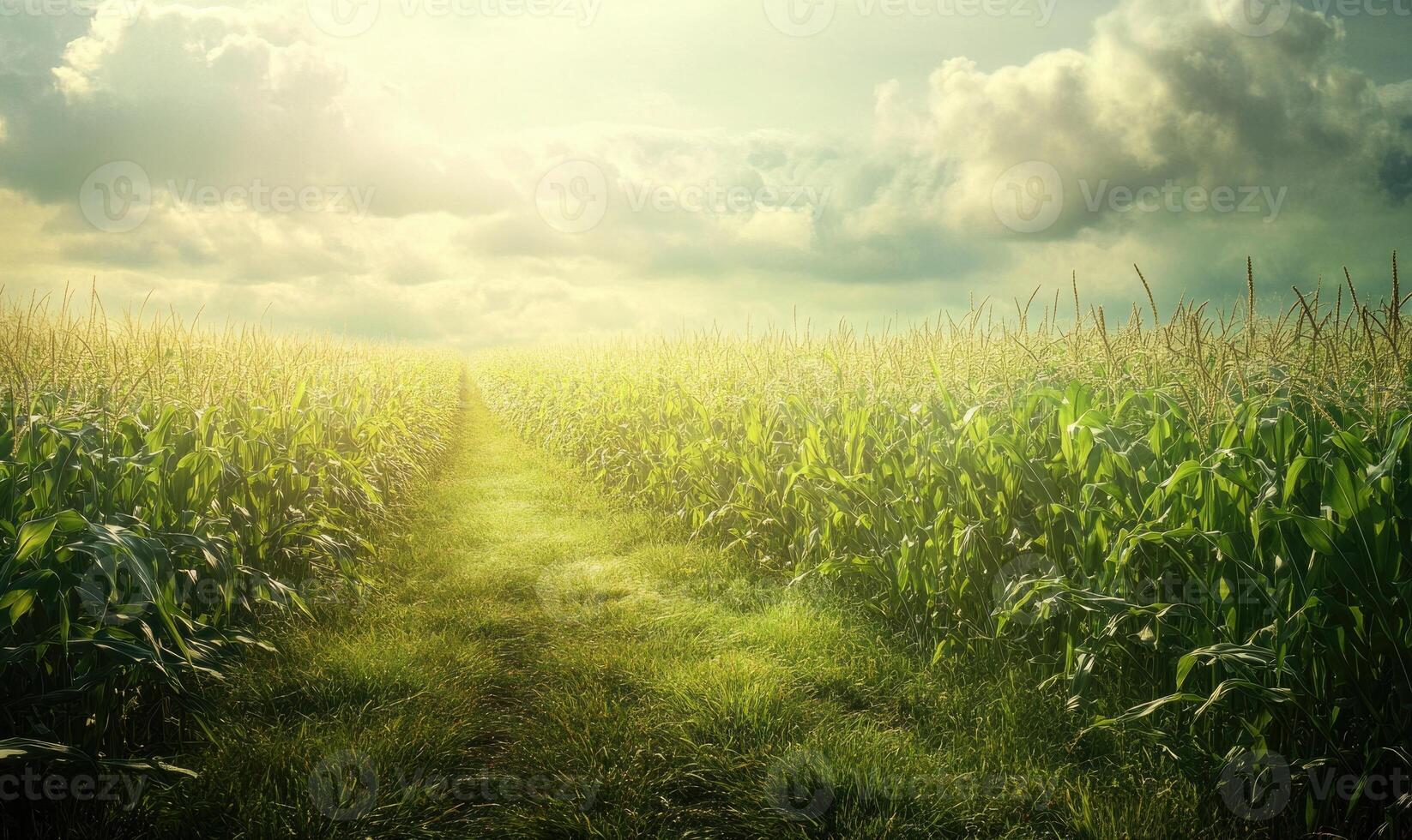View on cornfield, green leaves, endless rows photo