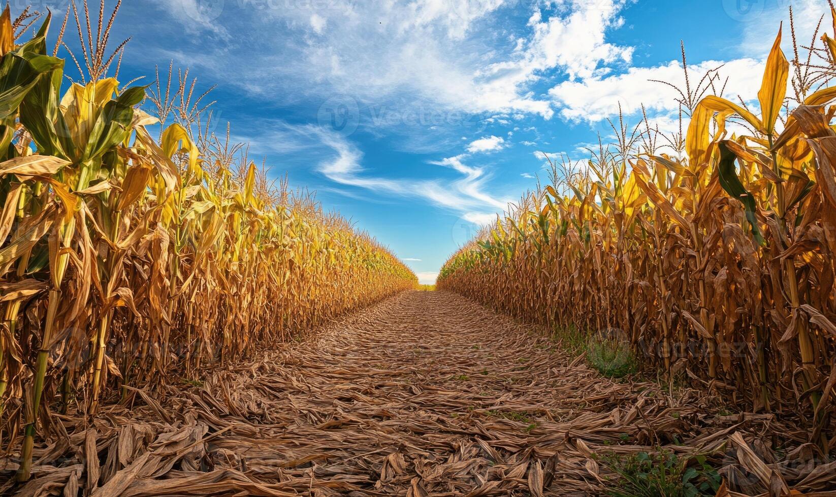 Path leading through cornfield, tall stalks photo