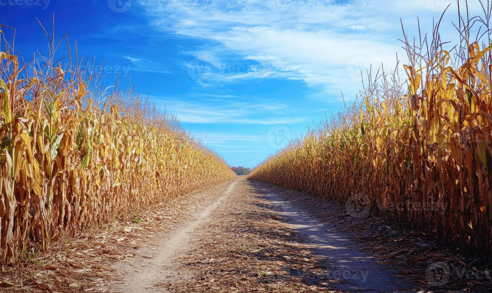Path leading through cornfield, tall stalks photo