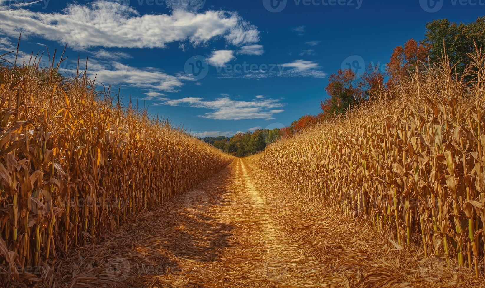 Path leading through cornfield, tall stalks photo