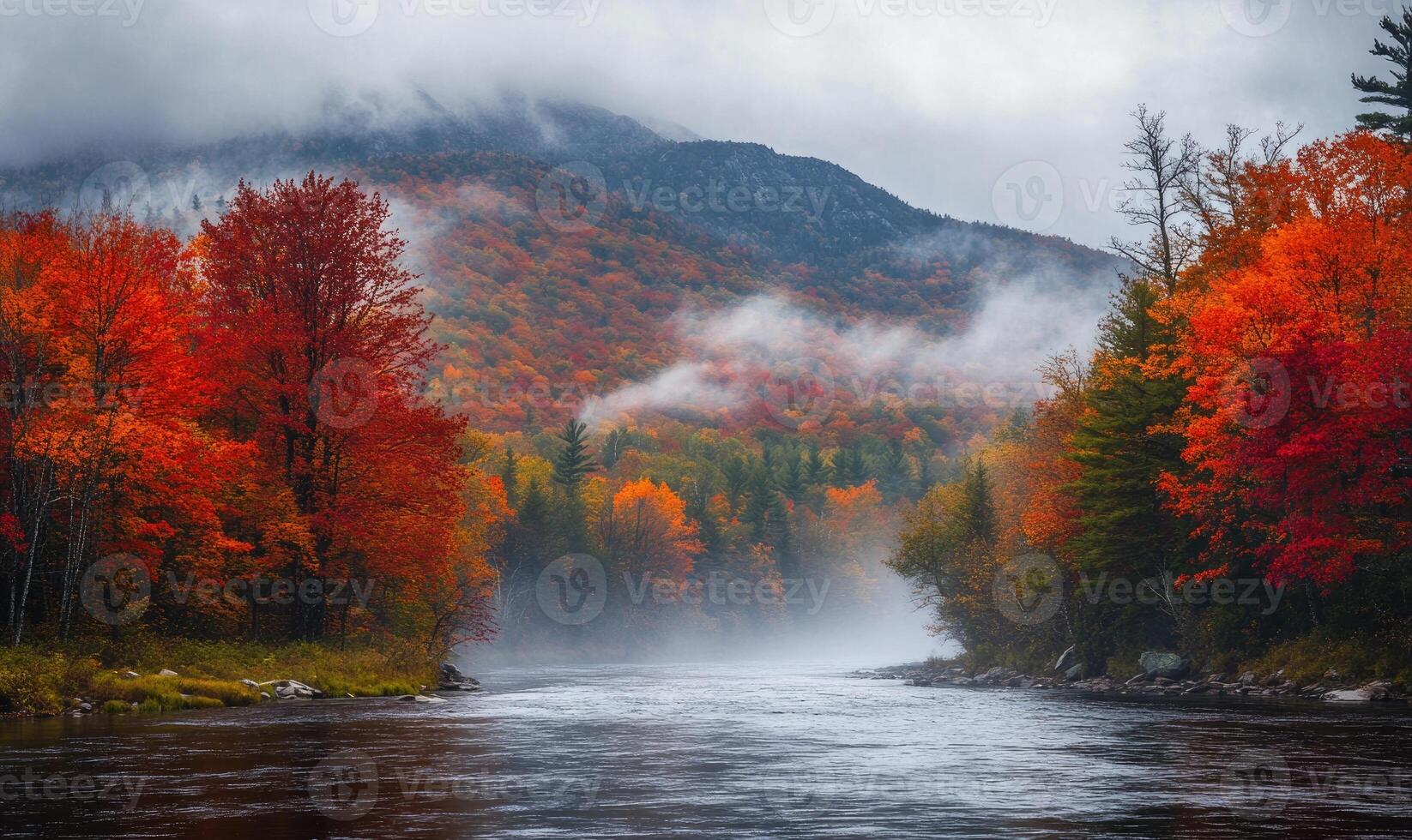 Fall landscape, red forest around the lake photo