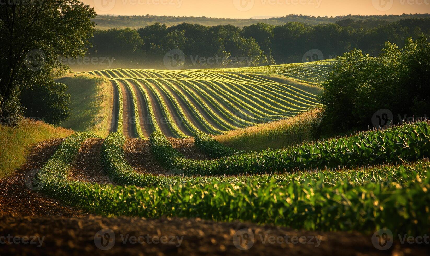View on cornfield, green leaves, endless rows photo